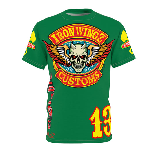 Iron Wingz Garage HiViz Tee, Vintage Graphic Logo, Rockabilly Style Shirt for Bikers