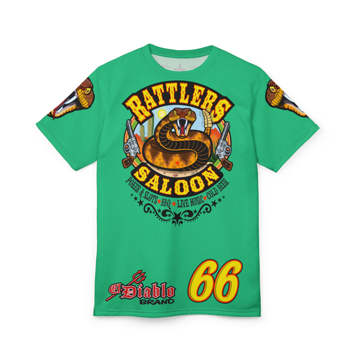 Rattlers Saloon Snake Logo Tee — Vintage Biker 66 Graphic Shirt