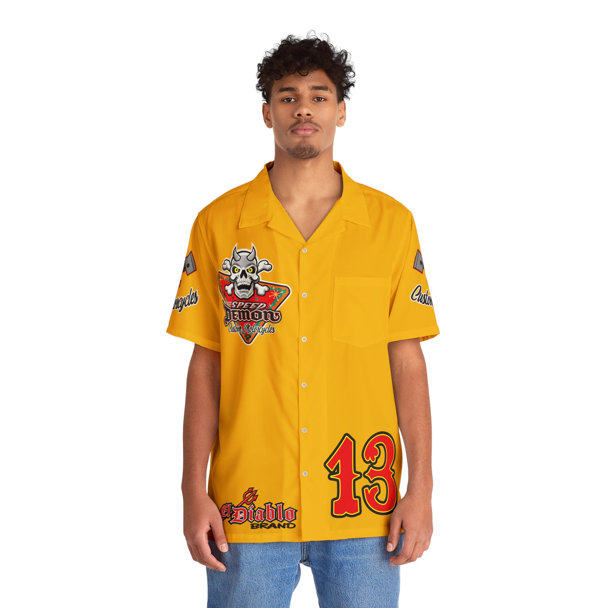 Big Bopper Speed Demon Custom Motorcycles Men's Hawaiian Shirt  - Super Nice Custom Riding Shirt for Big Men - Sizes to 5XL
