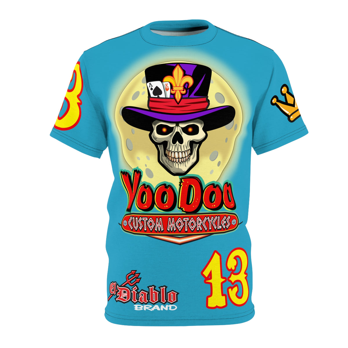 VooDoo Custom Motorcycles Electric Blue HiViz Graphics Biker Tee