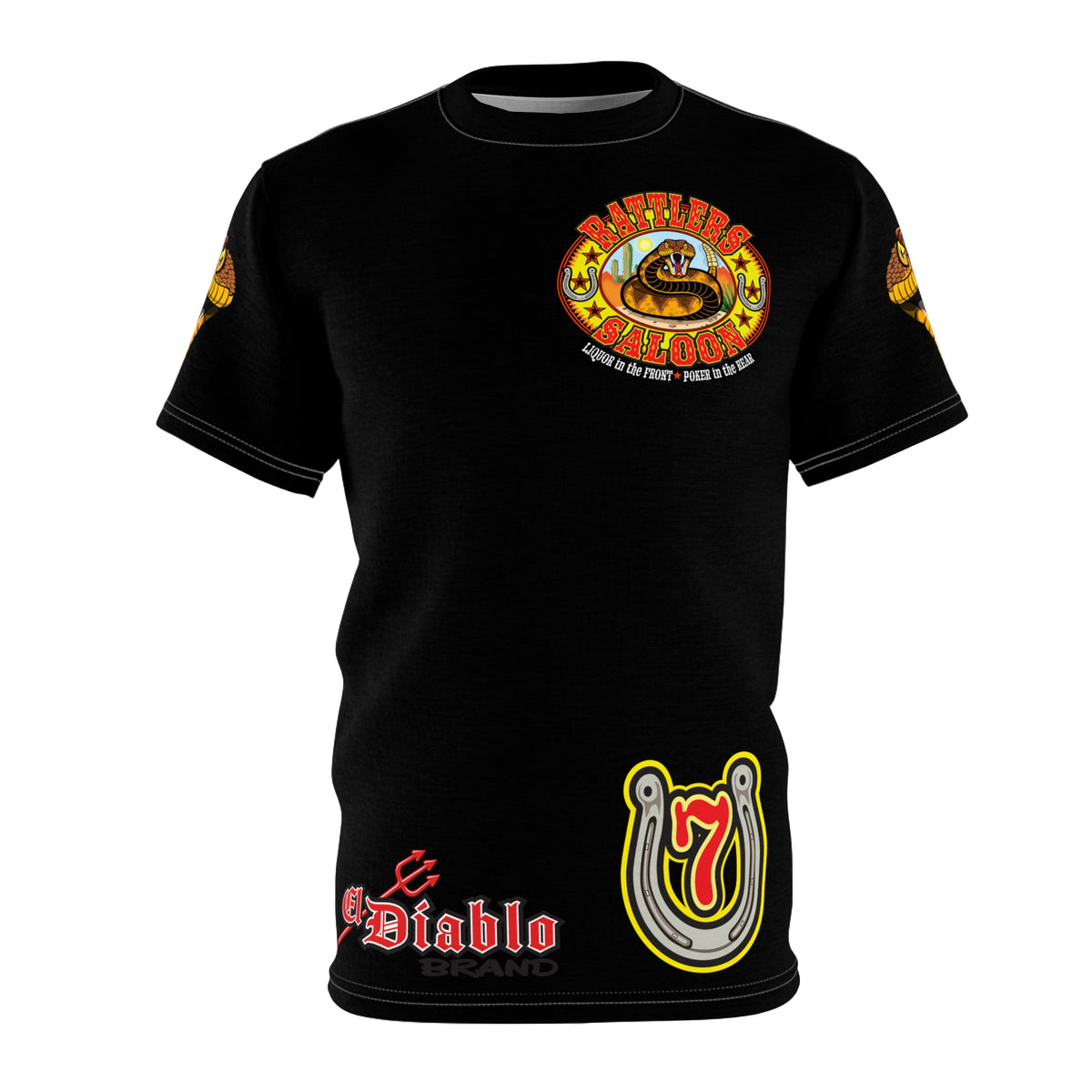 SRT Rattlers Saloon  BADAZZ BLACK SUPER RIDING TEE — Vintage Biker Lucky 7 Graphic Shirt