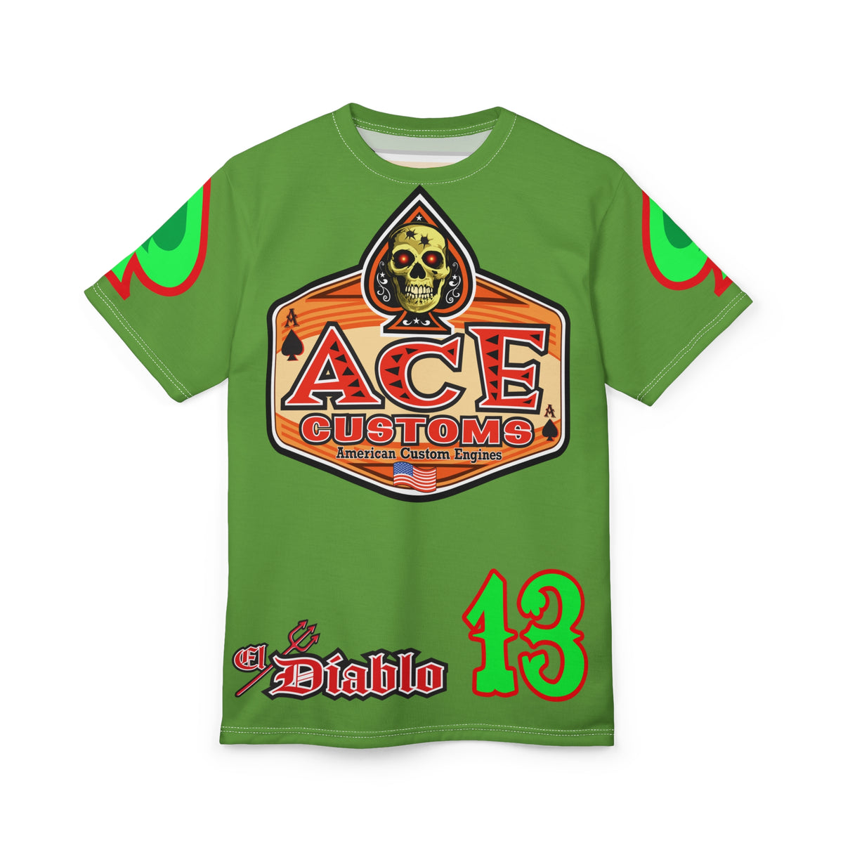 American Custom Engines ACE - Specially Designed Lumina Green  Ace of Spades Death Card High visibility Graphics