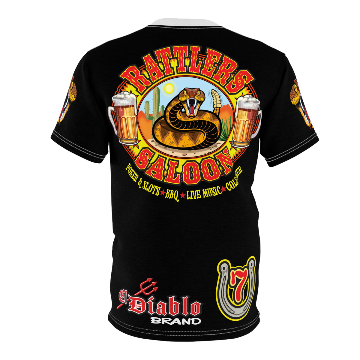 Rattlers Saloon  BADAZZ BLACK SUPER RIDING TEE — Vintage Biker LUCKY 7 Graphic Shirt