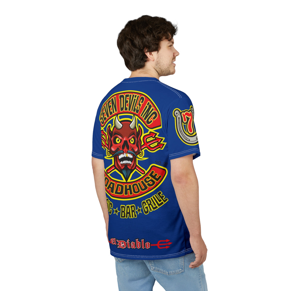 Seven Devils Inc. Roadhouse Electric Blue HiViz Design Super Tee, Edgy Biker Shirt, Special Motorcycle Riding Gear, Seven Devils Inc.