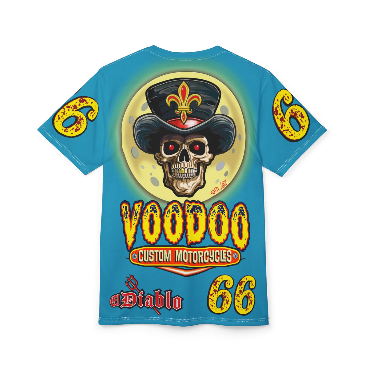 Voodoo Custom Motorcycles Electric Blue Unisex HiViz Tee, Edgy Graphic Shirt, Motorcycle Apparel, Skull T-Shirt, Perfect for Bikers