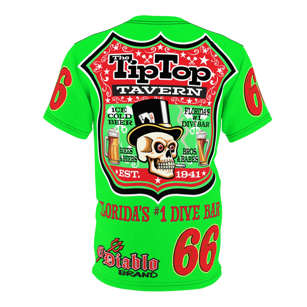 VERY SPECIAL Tip Top Tavern Dive Bar -HiViZ Lumina Green Super Riding Tee (*Limited Edition) - Florida's Best Dive Bar, Bikes Beers Babes & Bros. - Honouring Biker Bars
