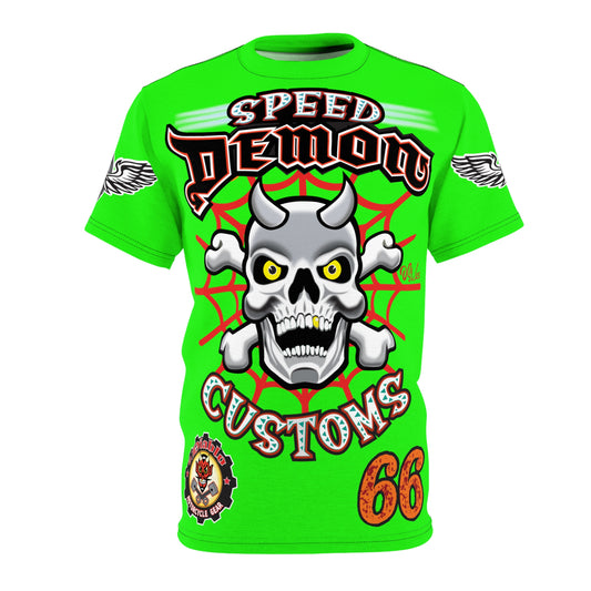 Very Special Speed Demon Customs Spectacular LUMINA HiViz Super Tee - Devilishly Demented Bold Biker Design