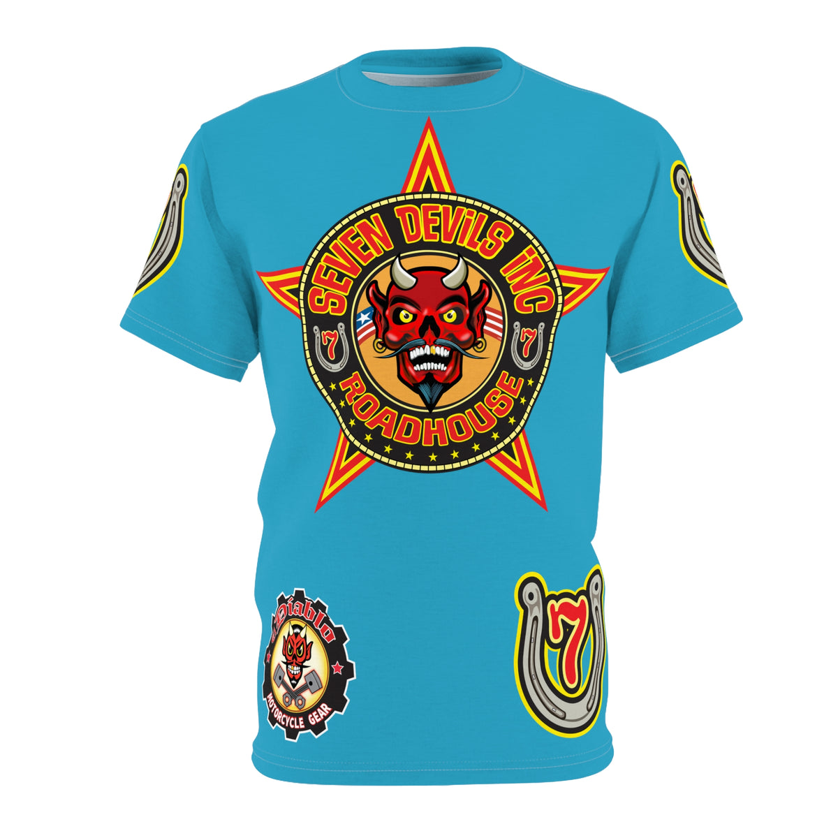Seven Devils Inc. Roadhouse Electric Blue Hiviz  Design, Edgy Biker Shirt, Special Motorcycle Riding Gear, Seven Devils Inc.
