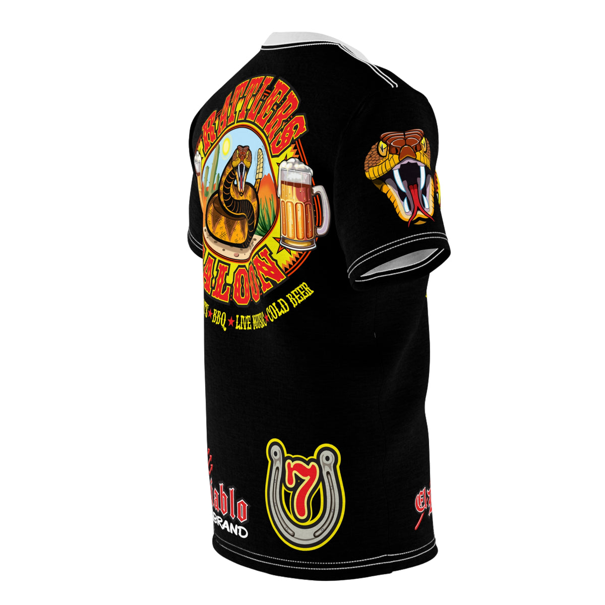 Rattlers Saloon  BADAZZ BLACK SUPER RIDING TEE — Vintage Biker LUCKY 7 Graphic Shirt