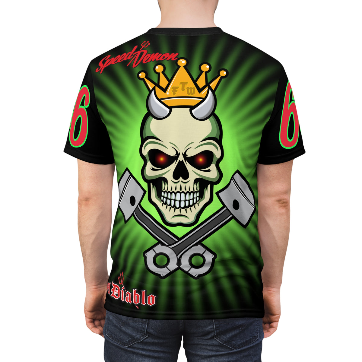Speed Demon Night Rider with Lumina Green HiViZ Star Burst F& Back - Super Tee - Edgy Racing Skull Design