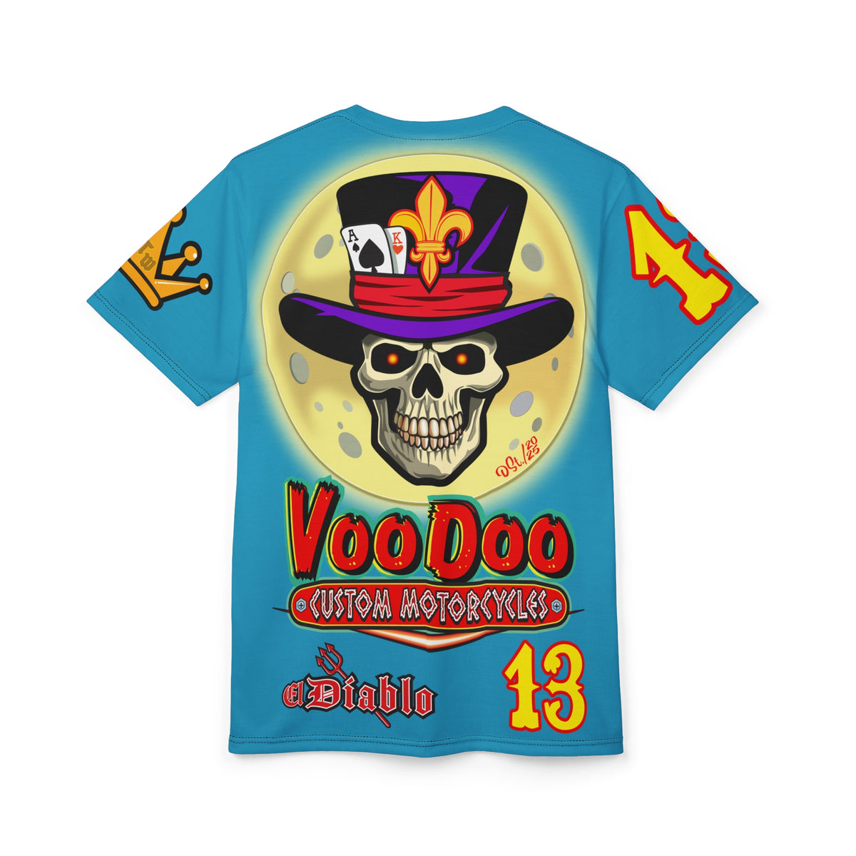 VooDoo Custom Motorcycles Electric Blue HiViz Graphics Biker Tee
