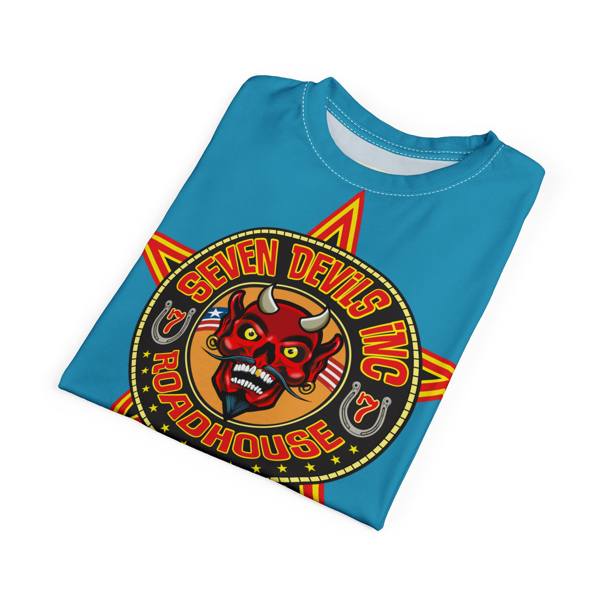 Seven Devils Inc. Roadhouse Electric Blue Hiviz  Design, Edgy Biker Shirt, Special Motorcycle Riding Gear, Seven Devils Inc.