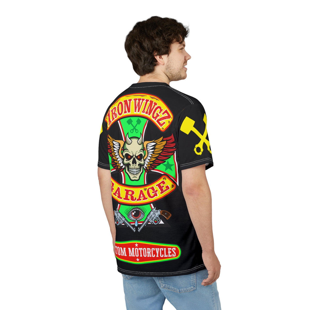 Iron Wingz Garage HiViz Tee, Vuntage Graphic Logo, Rockabilly Style Shirt for Bikers