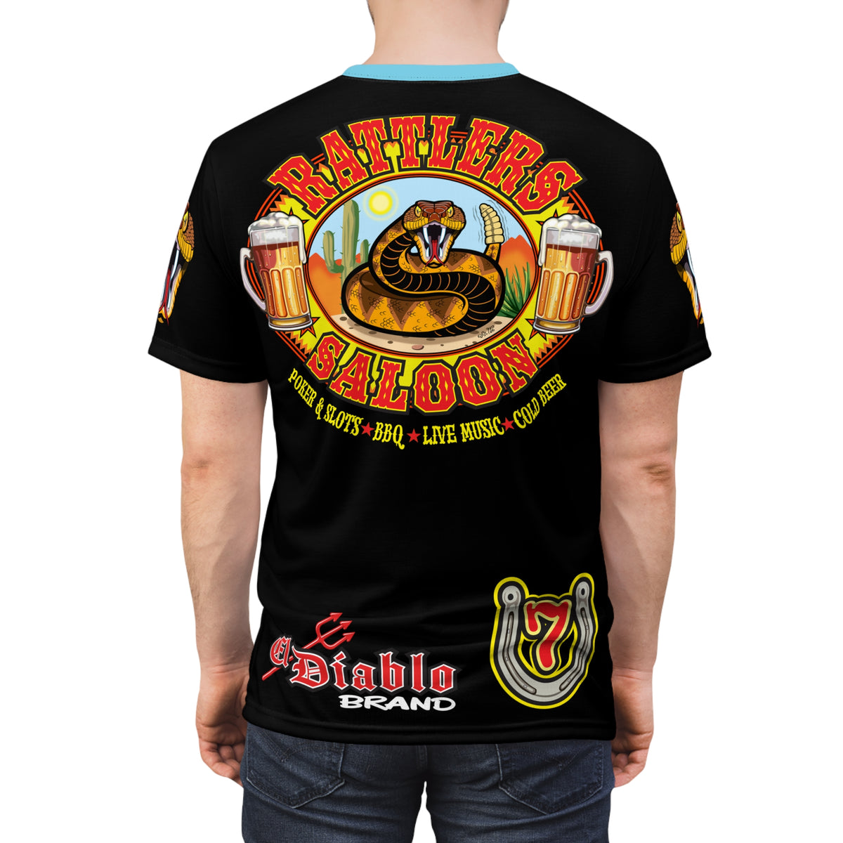 Rattlers Saloon  BADAZZ BLACK SUPER RIDING TEE — Vintage Biker LUCKY 7 Graphic Shirt