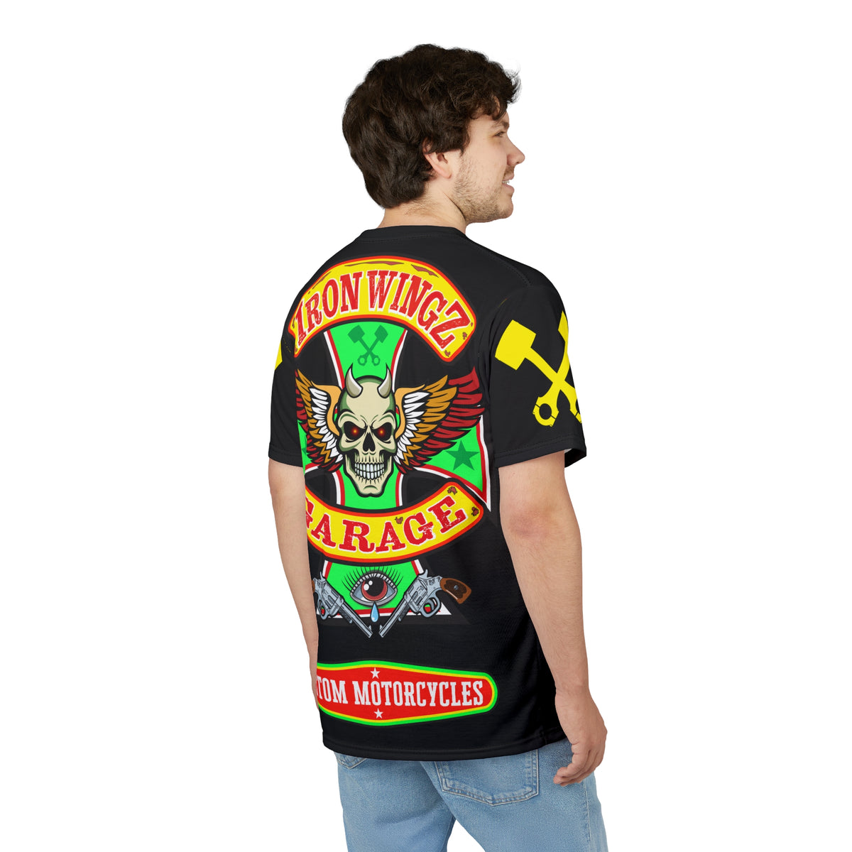 Iron Wingz Garage HiViz Tee, Vuntage Graphic Logo, Rockabilly Style Shirt for Bikers