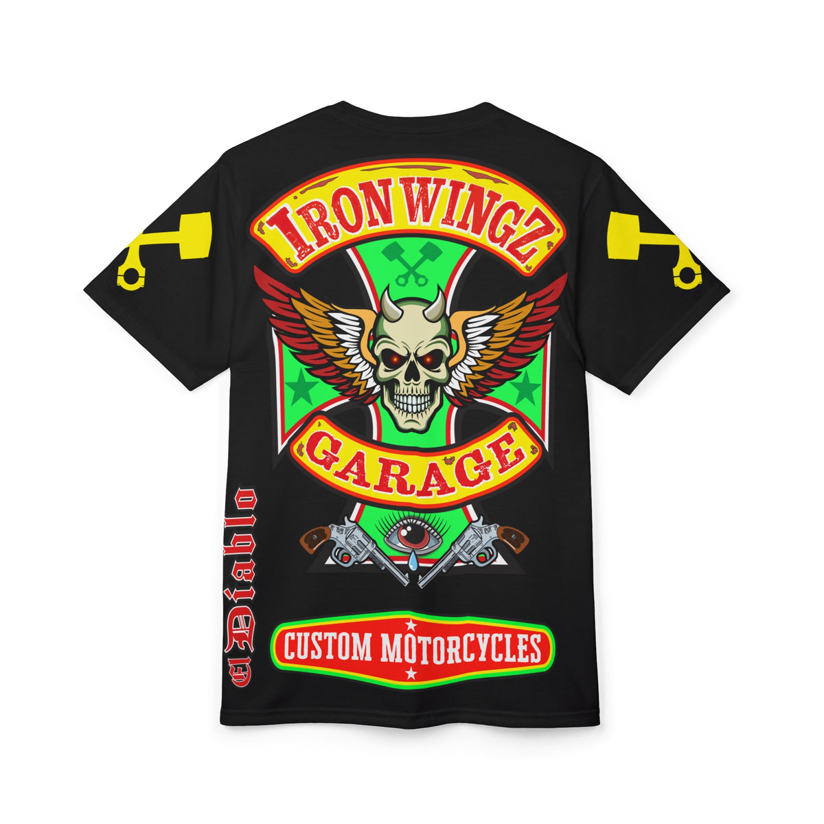 Iron Wingz Garage HiViz Tee, Vuntage Graphic Logo, Rockabilly Style Shirt for Bikers