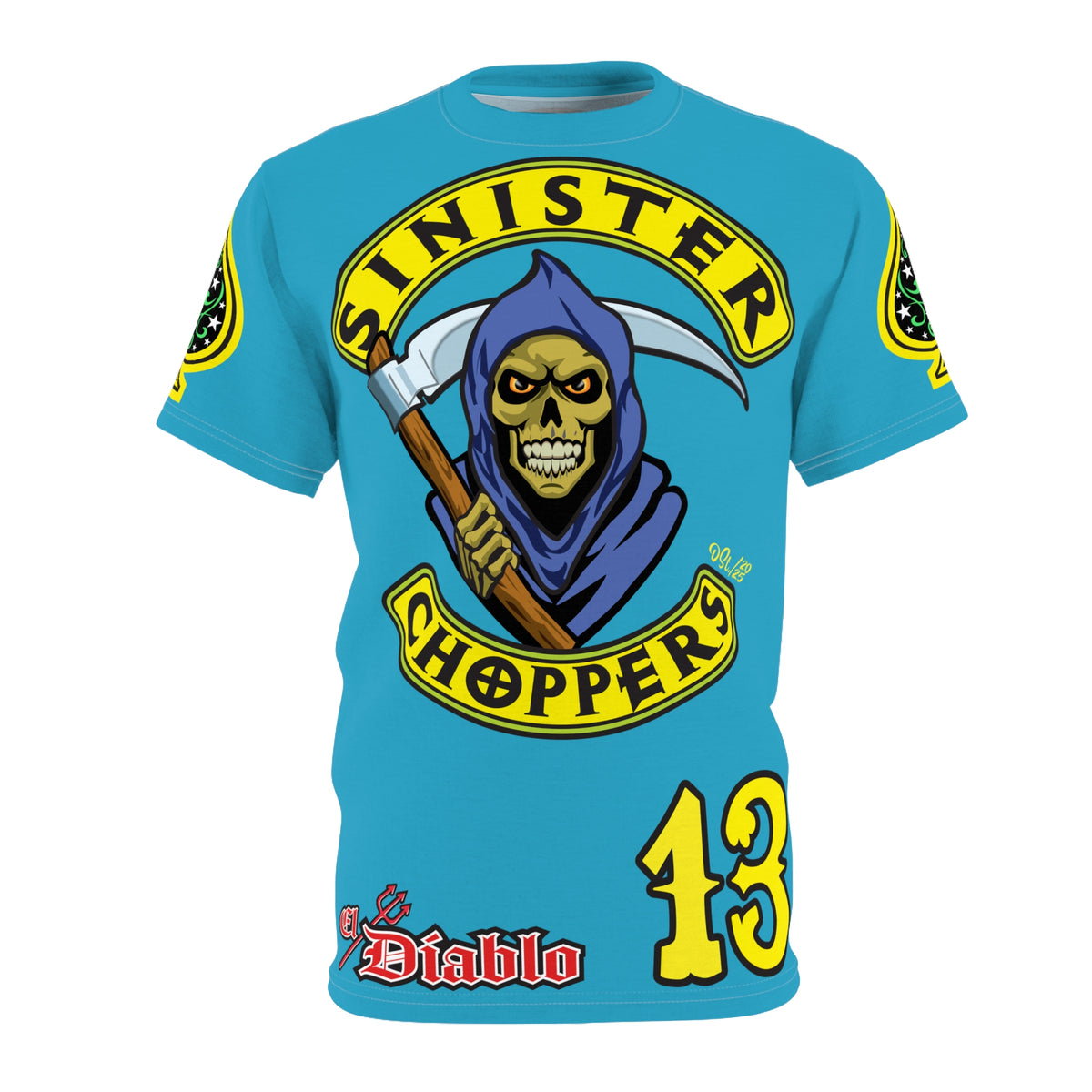 Sinister Choppers Customs - Electric Blue HiViZ Motorcycle Reaper Super Tee - High Performance Riding Wear