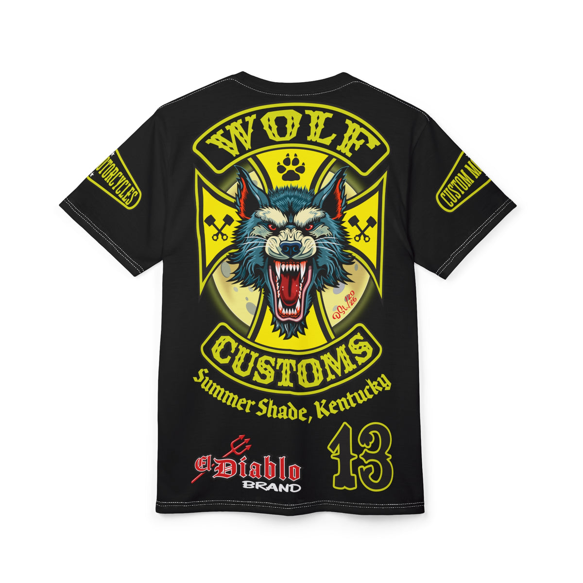SRT MWT Wolf Customs 13 Black with HiViZ Lumina Graphics -- Super Riding Tee — Retro Motorcycle Club Shirt, The Best Biker Riding Tee EVER !!!