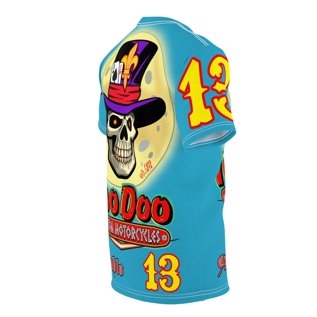 VooDoo Custom Motorcycles Electric Blue HiViz Graphics Biker Tee