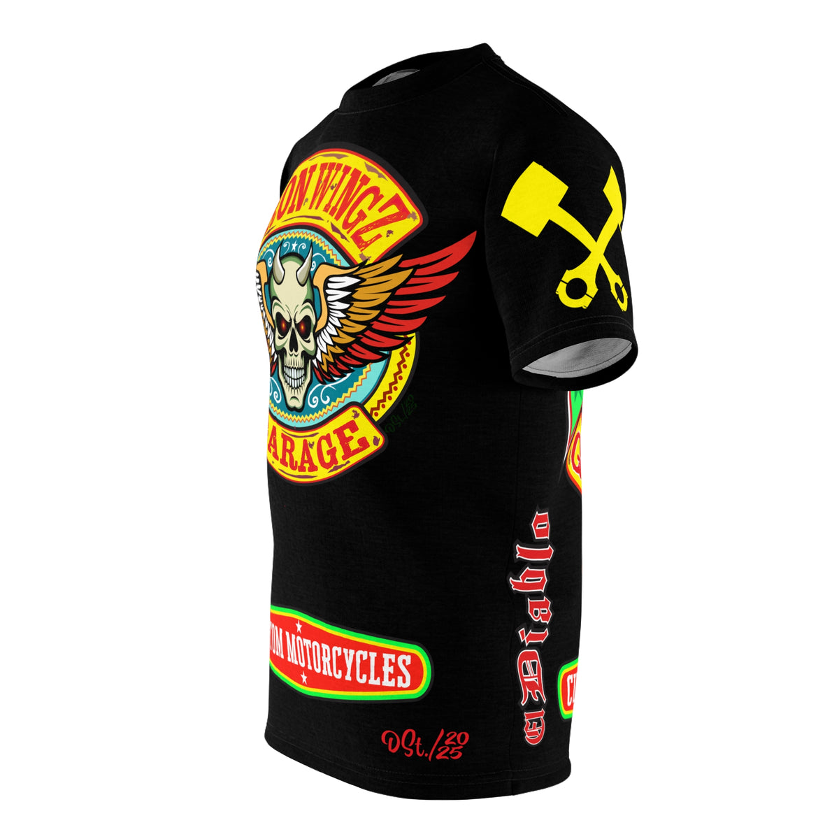 Iron Wingz Garage HiViz Tee, Vuntage Graphic Logo, Rockabilly Style Shirt for Bikers