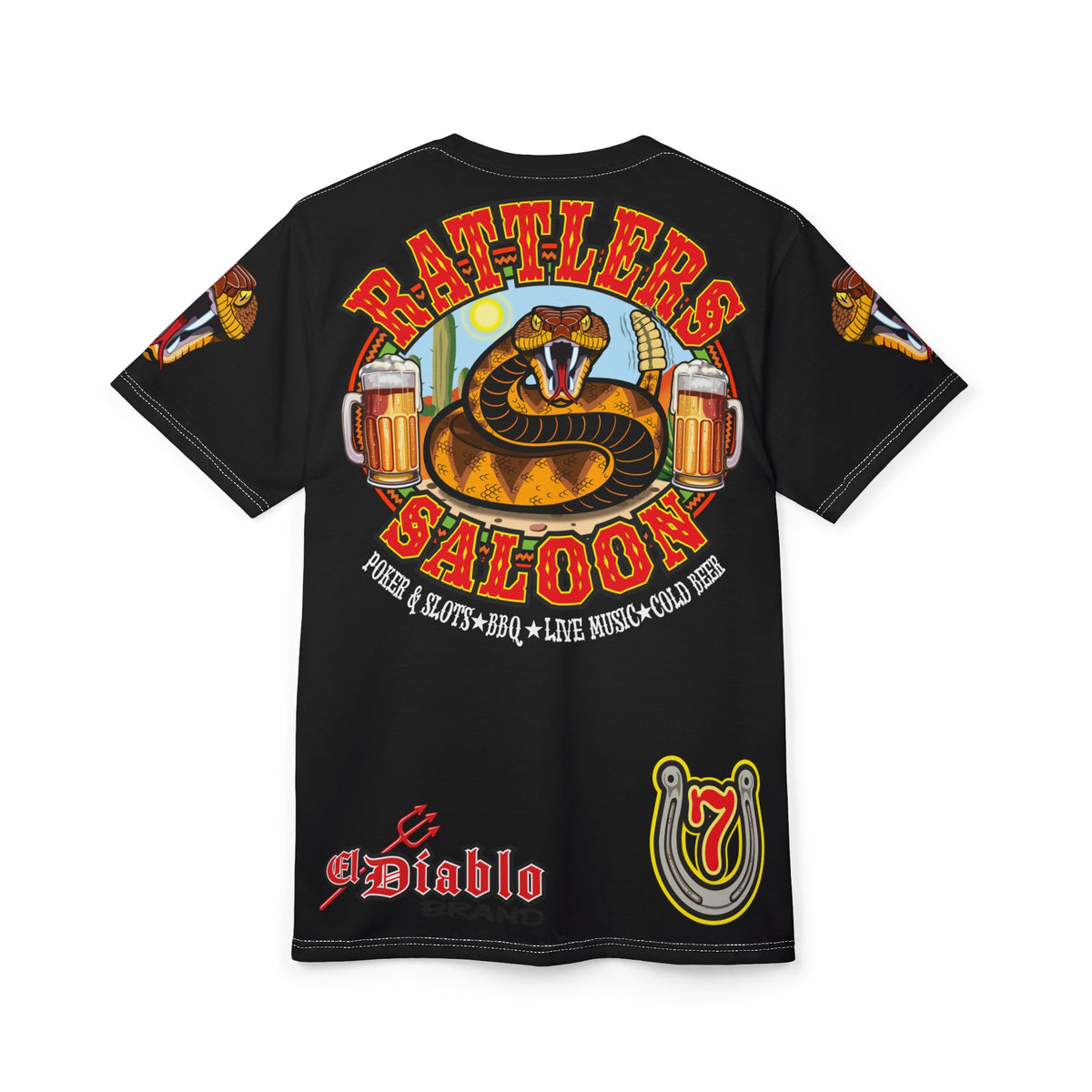 SRT Rattlers Saloon  BADAZZ BLACK SUPER RIDING TEE — Vintage Biker Lucky 7 Graphic Shirt
