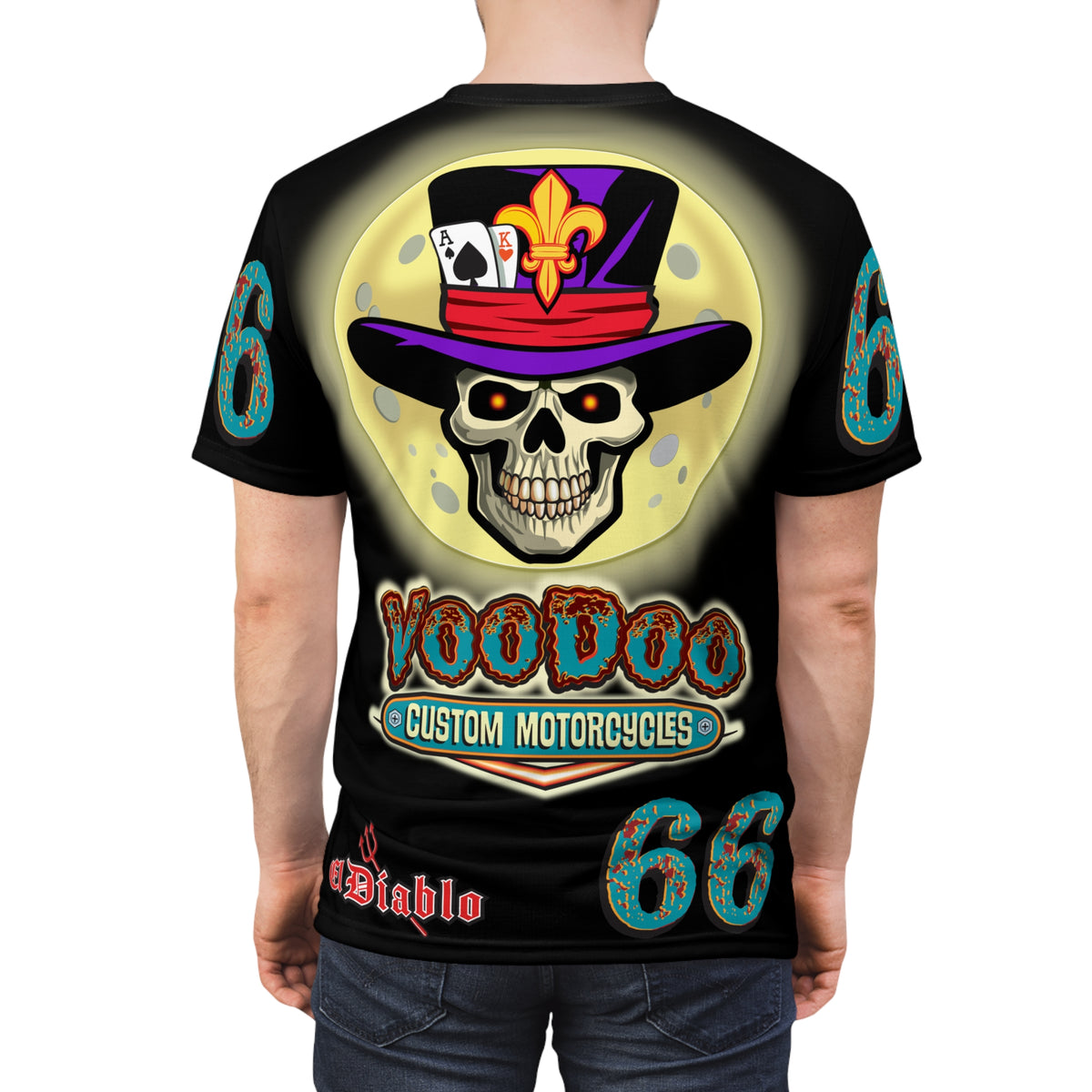 Voodoo Custom Motorcycles Ragin' Cajun Super Tee - Edgy Skull Design for Motorcycle Enthusiasts