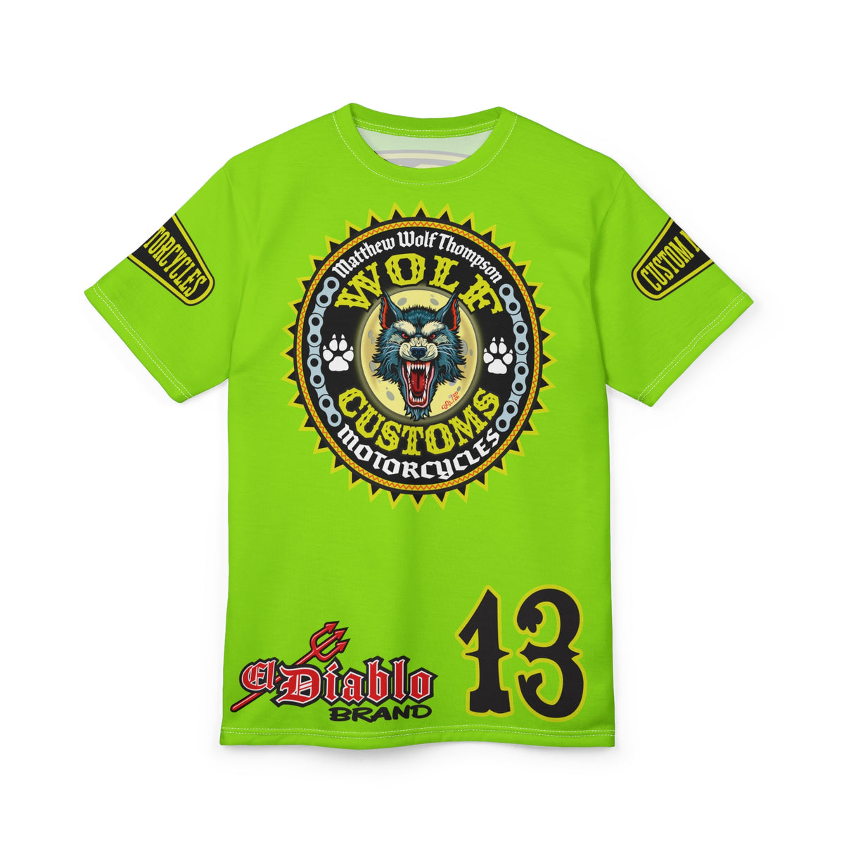 VERY SPECIAL MWT Wolf Customs HiViZ Lumina Green with XL Graphics Super Tee —  The Best Biker Riding Tee EVER !!!