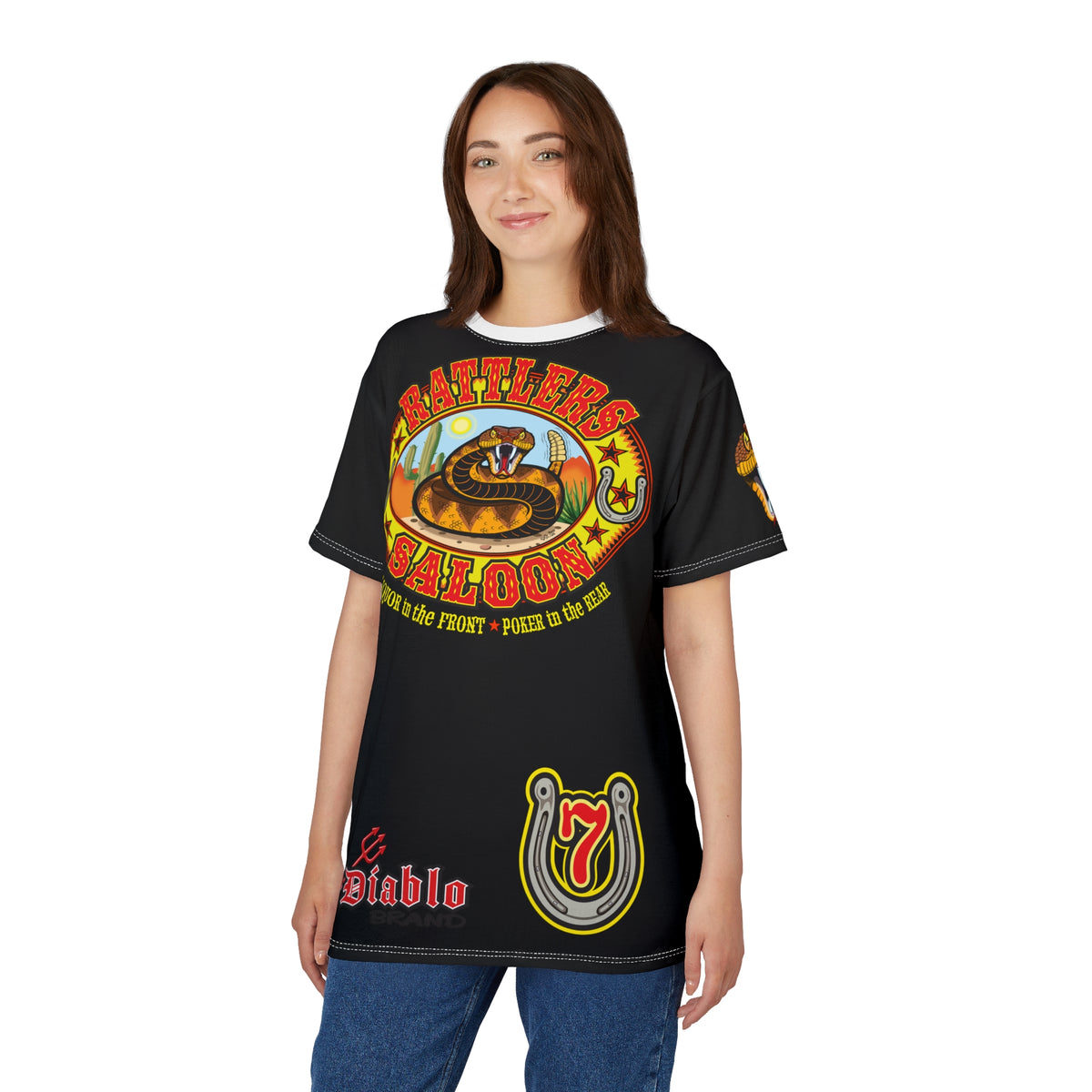 Rattlers Saloon  BADAZZ BLACK SUPER RIDING TEE — Vintage Biker LUCKY 7 Graphic Shirt