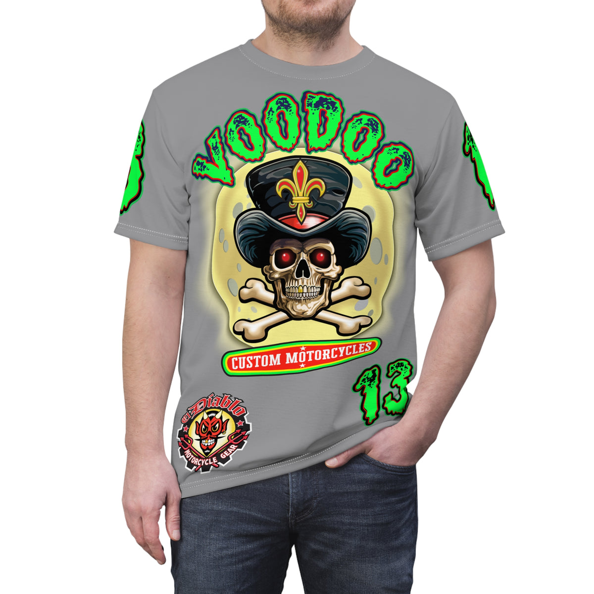Voodoo Lucky 13 Motorcycles HiViz Grey Ghost Super Tee, Unique Graphic Tee, Custom Riding Apparel