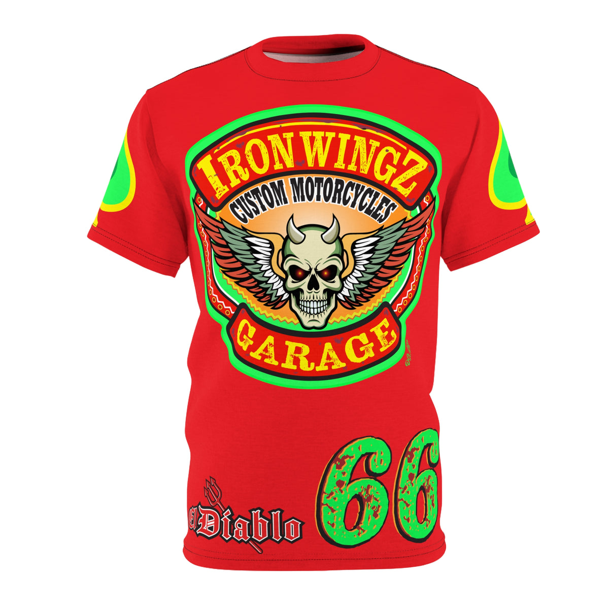Iron Wingz Custom Motorcycle Skull Super Tee - Badazz Harley Riding HiViz Tee