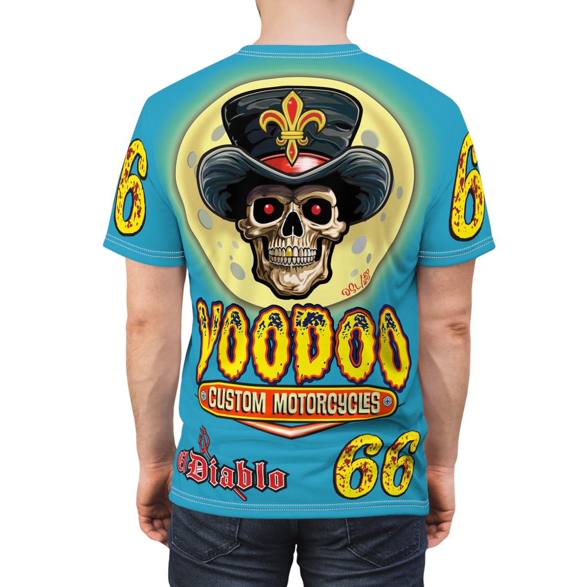 Voodoo Custom Motorcycles Electric Blue Unisex HiViz Tee, Edgy Graphic Shirt, Motorcycle Apparel, Skull T-Shirt, Perfect for Bikers