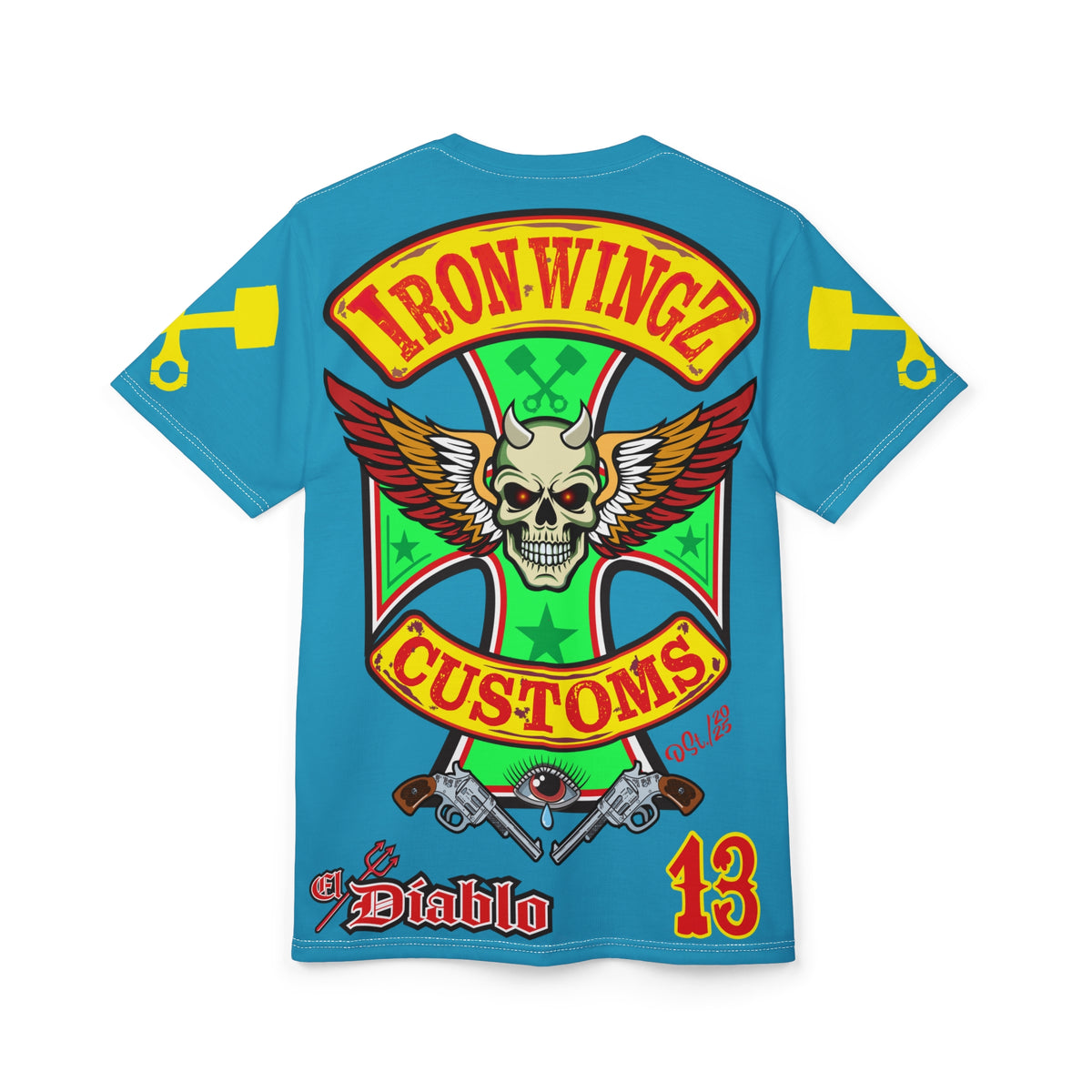 Iron WingZ Customs Electric Blue HIviz Graphic Super Tee, Edgy Streetwear, Customized Apparel, Gift for Bikers