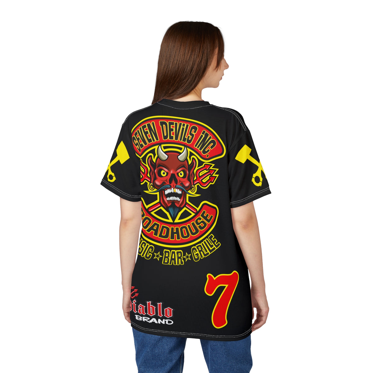 SRT Seven Devils RoadHouse Custom Biker Riding Super Tee - Retro Devil Western Style Graphic Style