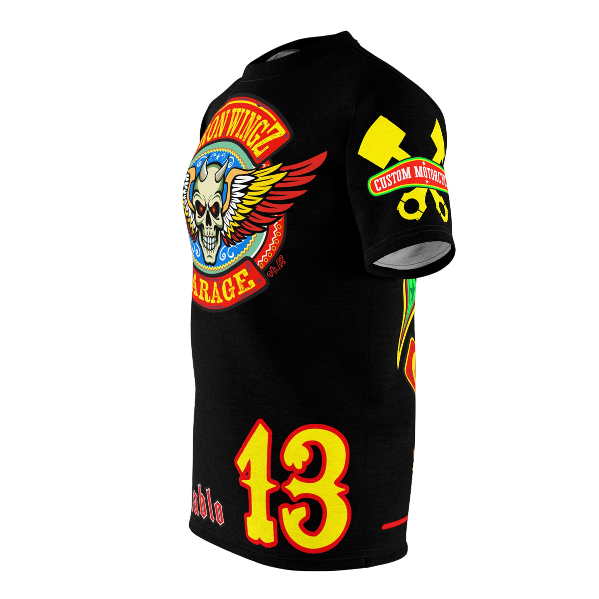 Iron Wingz Garage HiViz Tee, Vintage Graphic Logo, Rockabilly Style Shirt for Bikers