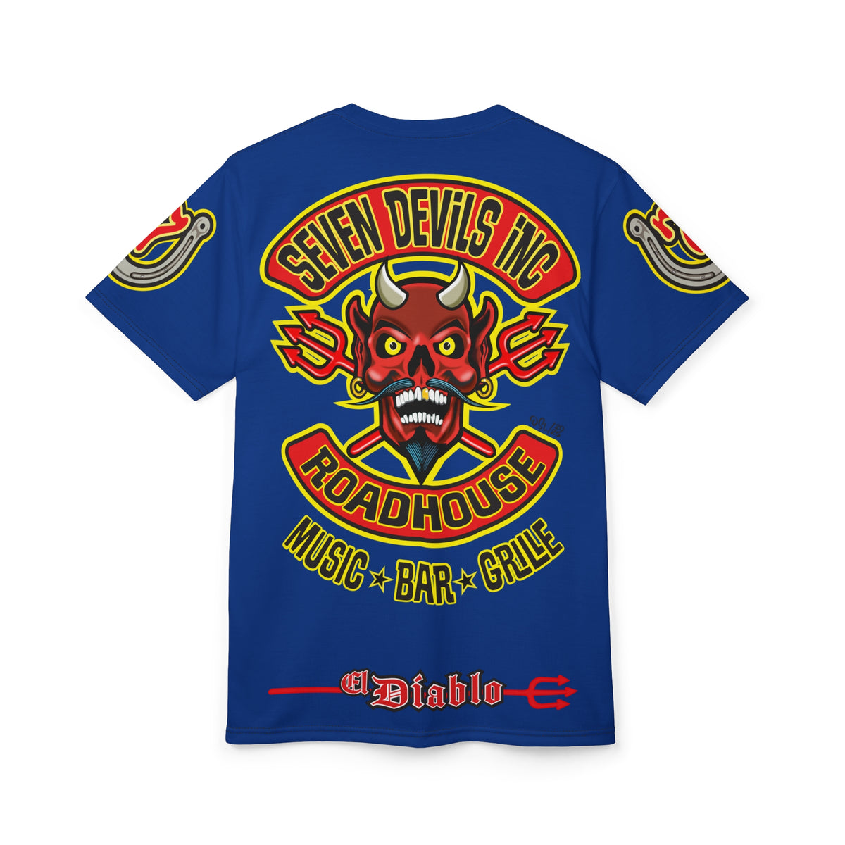 Seven Devils Inc. Roadhouse Electric Blue HiViz Design Super Tee, Edgy Biker Shirt, Special Motorcycle Riding Gear, Seven Devils Inc.