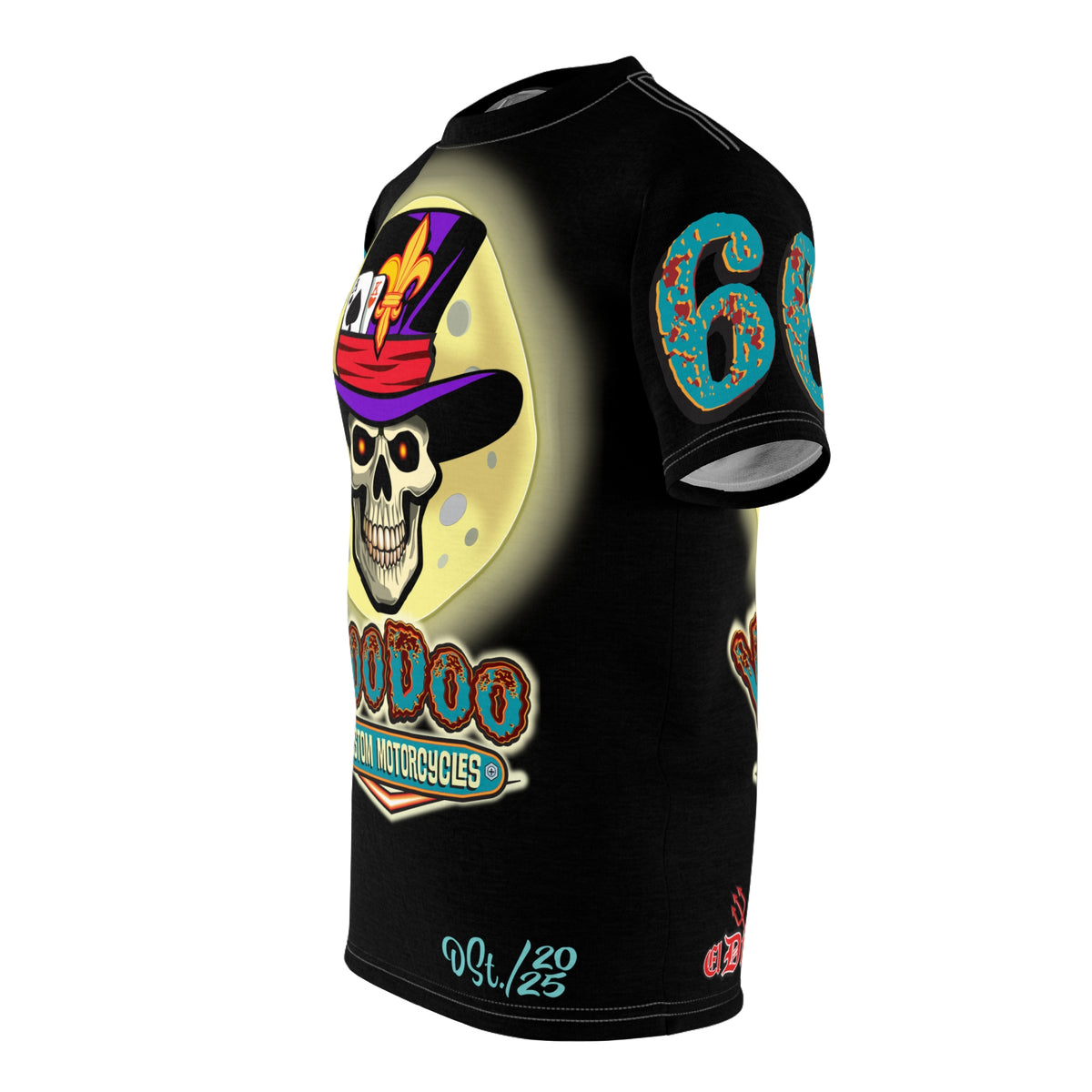 Voodoo Custom Motorcycles Ragin' Cajun Super Tee - Edgy Skull Design for Motorcycle Enthusiasts