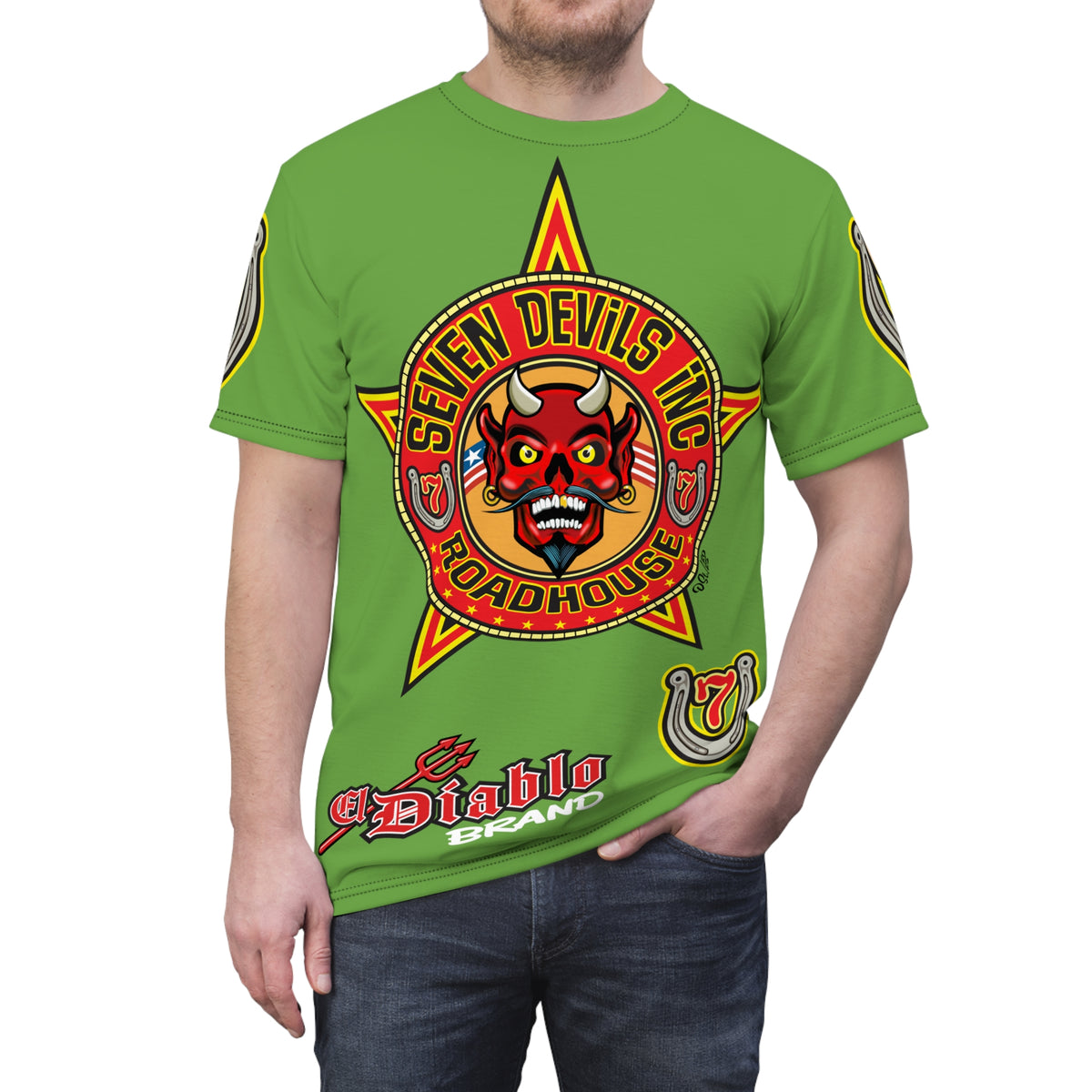 Seven Devils Inc. Roadhouse Electric Blue HiViz Design Super Tee, Edgy Biker Shirt, Special Motorcycle Riding Gear, Seven Devils Inc.