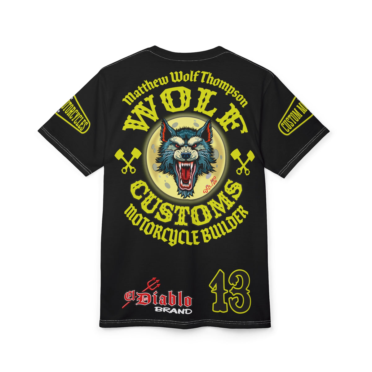 MWT Wolf Customs 13 Black with HiViZ Lumina Graphics -- Super Riding Tee — Retro Motorcycle Club Shirt, The Best Biker Riding Tee EVER !!!