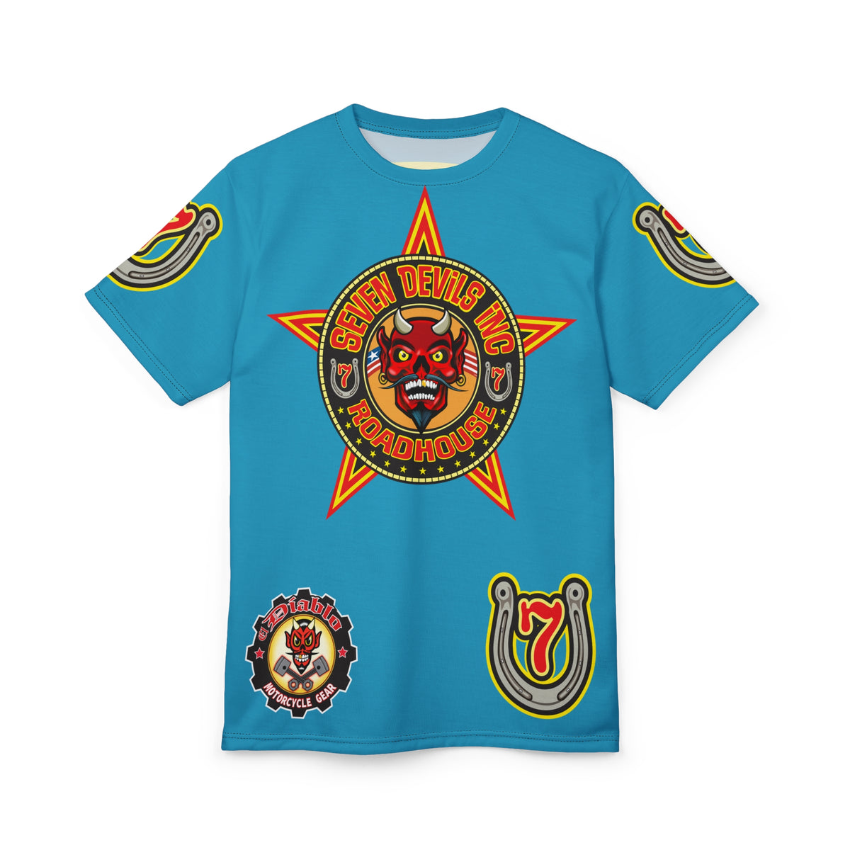 Seven Devils Inc. Roadhouse Electric Blue Hiviz  Design, Edgy Biker Shirt, Special Motorcycle Riding Gear, Seven Devils Inc.
