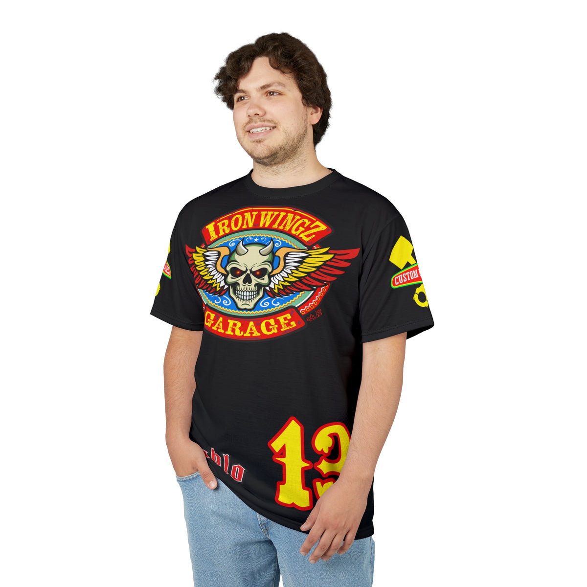 Iron Wingz Garage HiViz Tee, Vintage Graphic Logo, Rockabilly Style Shirt for Bikers