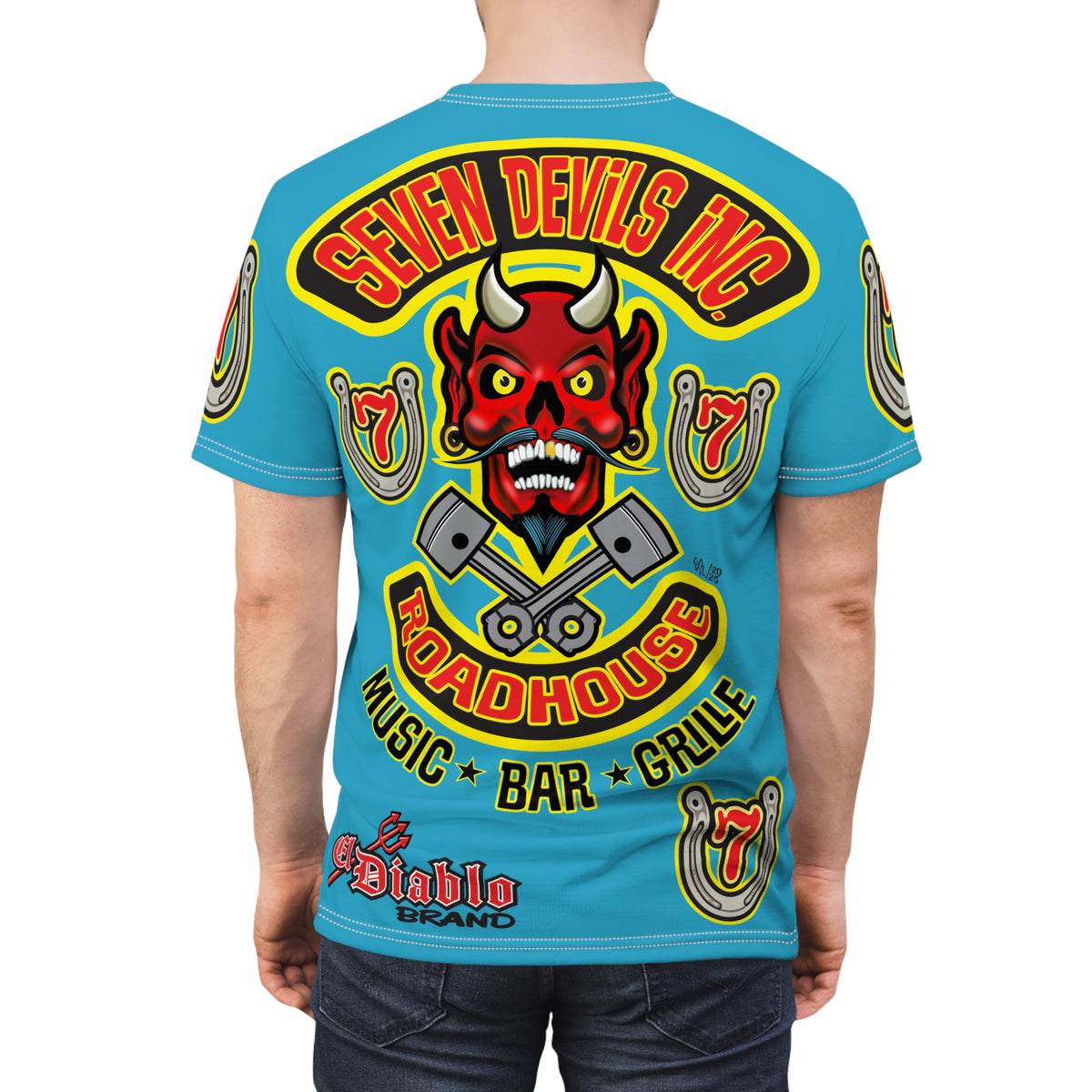 Seven Devils Inc. Roadhouse Electric Blue Hiviz  Design, Edgy Biker Shirt, Special Motorcycle Riding Gear, Seven Devils Inc.
