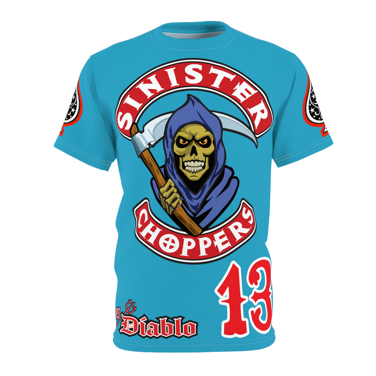 Sinister Choppers HiViz Custom Motorcycles- Electric Blue Reaper Super Tee - High Performance Riding Wear