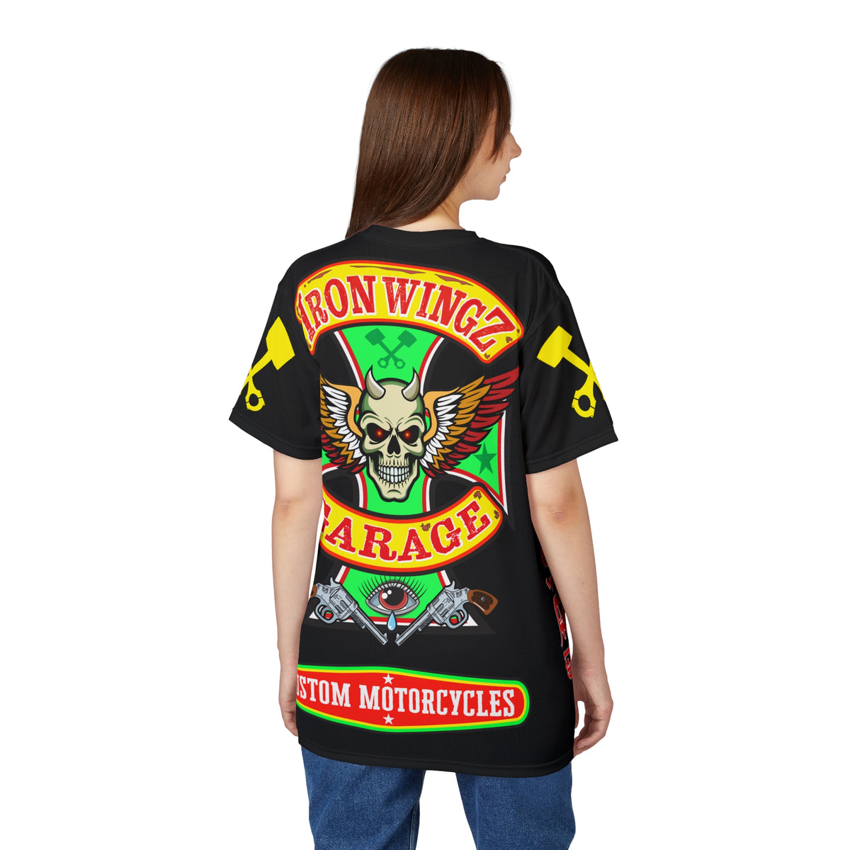 Iron Wingz Garage HiViz Tee, Vuntage Graphic Logo, Rockabilly Style Shirt for Bikers