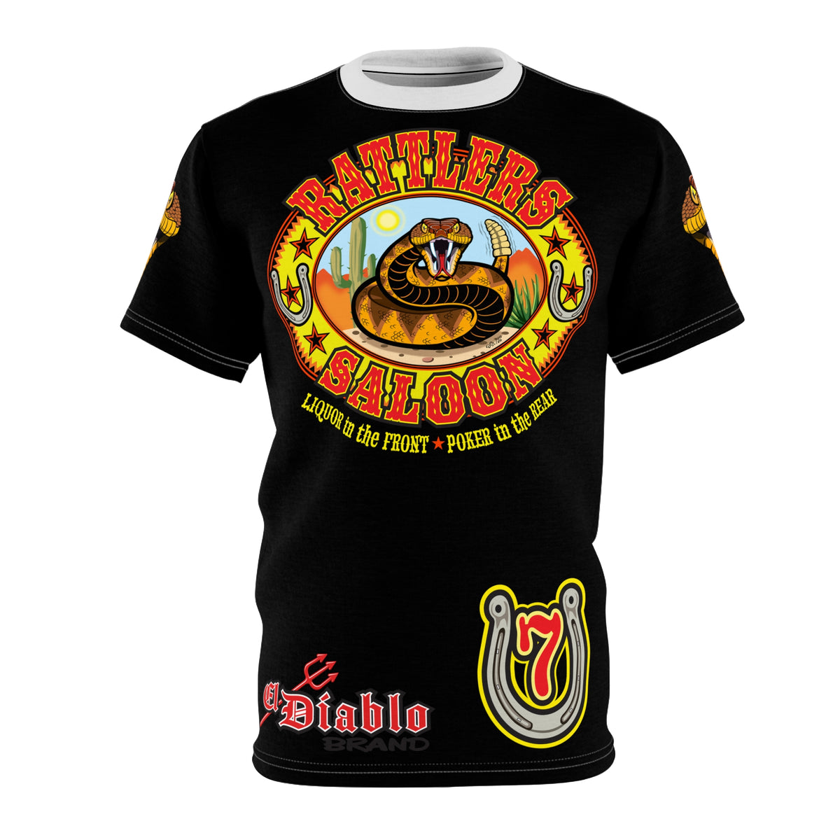 Rattlers Saloon  BADAZZ BLACK SUPER RIDING TEE — Vintage Biker LUCKY 7 Graphic Shirt