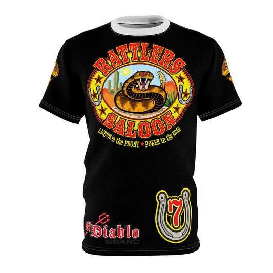 Rattlers Saloon  BADAZZ BLACK SUPER RIDING TEE — Vintage Biker LUCKY 7 Graphic Shirt