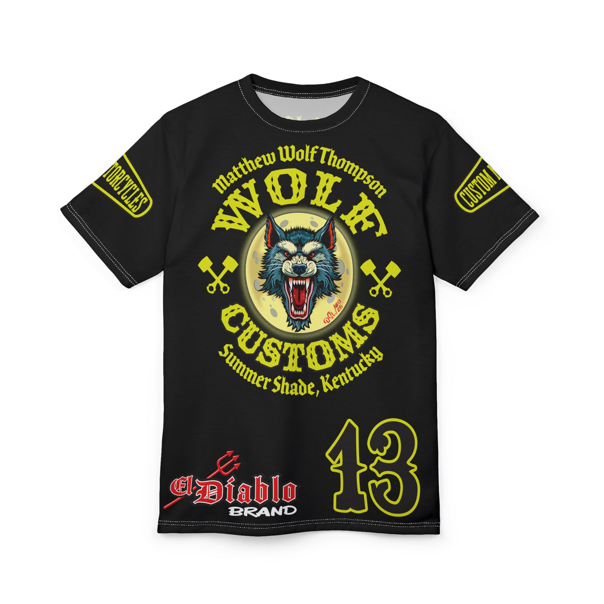 SRT MWT Wolf Customs 13 Black & Lumina Graphics -- Super Riding Tee — Retro Motorcycle Club Shirt, The Best Biker Riding Tee EVER !!!