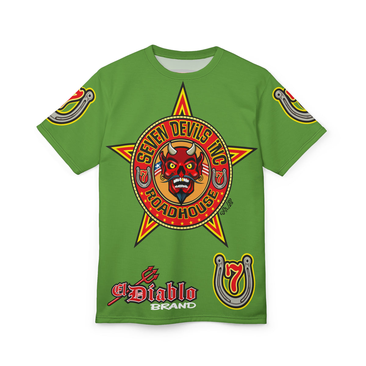 Seven Devils Inc. Roadhouse Electric Blue HiViz Design Super Tee, Edgy Biker Shirt, Special Motorcycle Riding Gear, Seven Devils Inc.