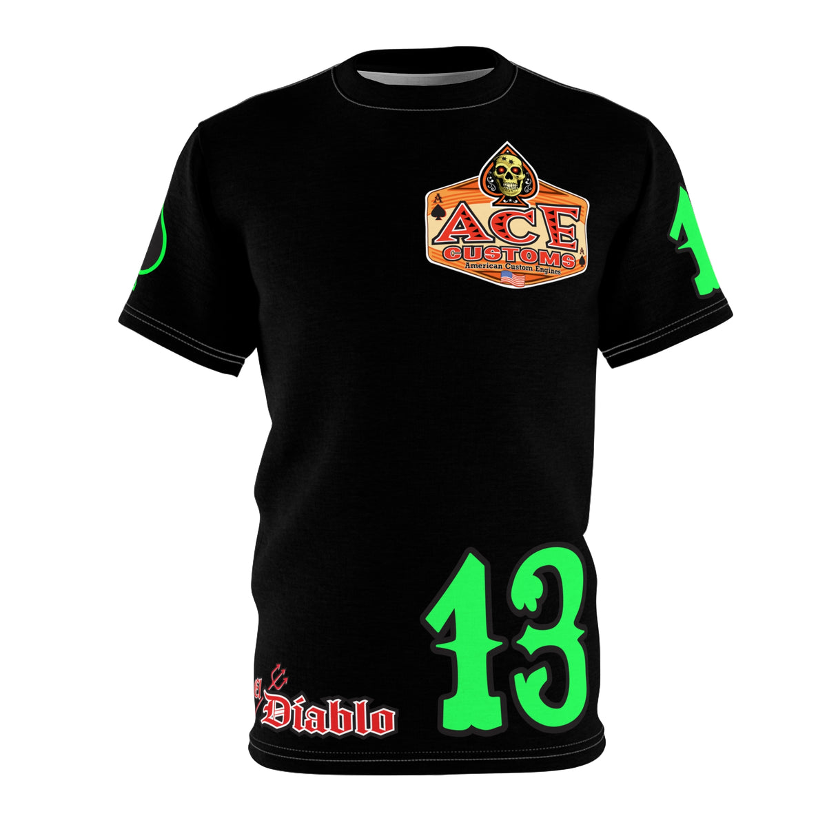 American Custom Engines ACE - HiViz Custom Riding Tee - Features Full Back Lumina Green Ace of Spades
