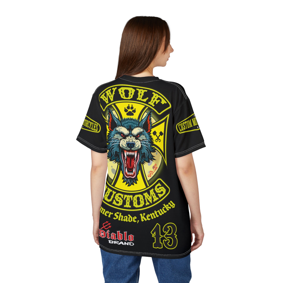 MWT Wolf Customs 13 Black with HiViZ Lumina Graphics -- Super Tee — Retro Motorcycle Club Shirt, The Best Biker Riding Tee EVER !!!