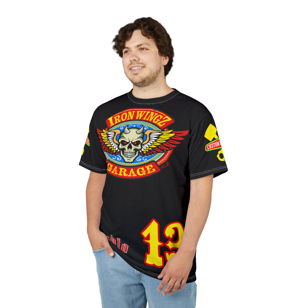 Iron Wingz Garage HiViz Tee, Vintage Graphic Logo, Rockabilly Style Shirt for Bikers
